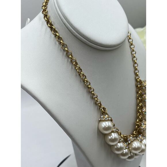 J. Crew Gold-Tone Faux Pearl Rhinestone Dangle Cluster Statement‎ Necklace - Picture 7 of 11
